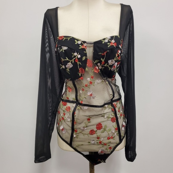 SHEIN Tops - Shein‎ Curve Womens Embroidered Mesh Forest Fairy Grunge Bodysuit Size 1XL Black